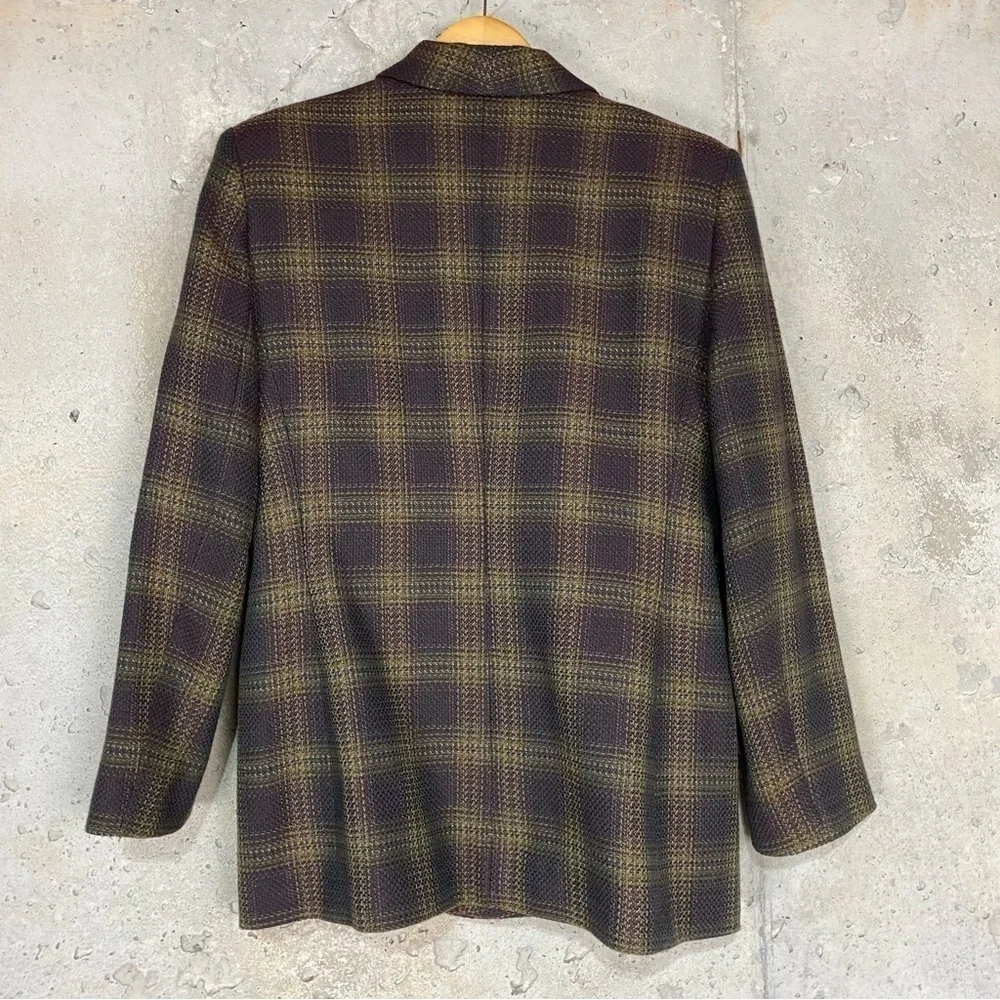 Vintage Oleg Cassini brown plum purple tan plaid double breasted blazer medium 8